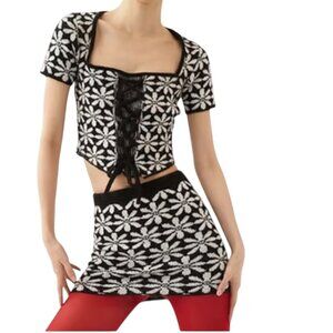 Tach Hadar Alpaca Wool Knit Mini Skirt Black White M NWT